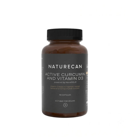 Naturecan Active Curcumin and Vitamin D3 supplement bottle with black cap and label.