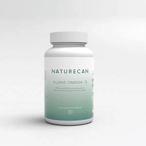 Naturecan Algae Omega-3 supplement bottle with green gradient label, suitable for vegans.