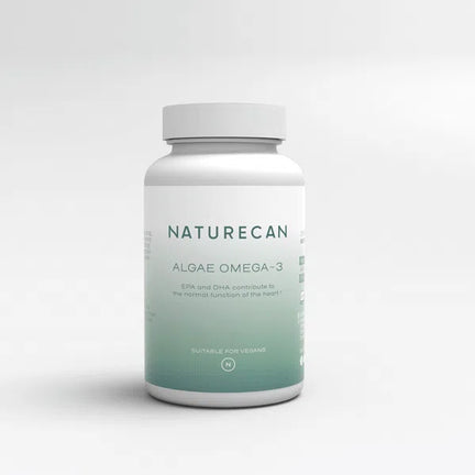 Naturecan Algae Omega-3 supplement bottle with green gradient label, suitable for vegans.