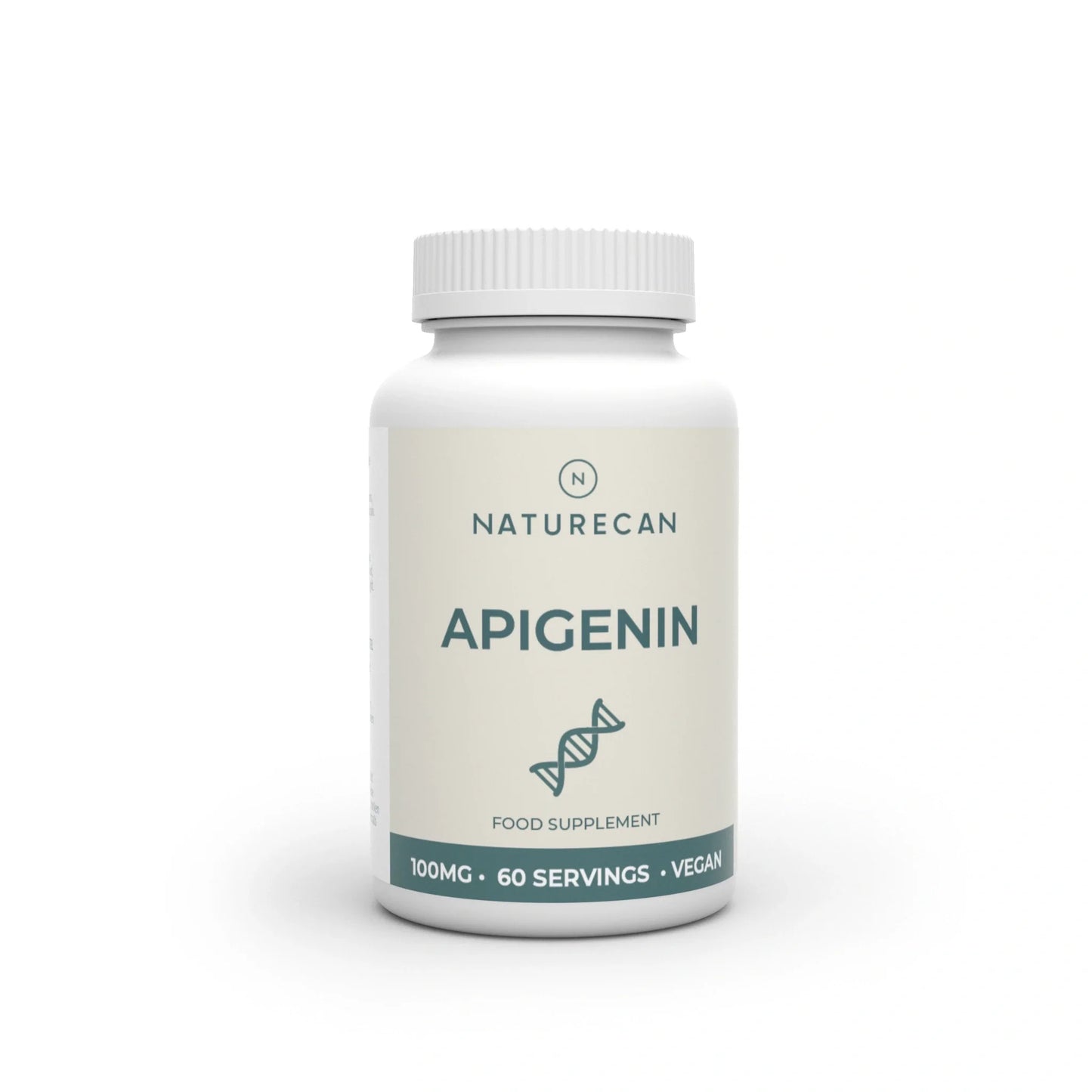 Naturecan Apigenin supplement bottle labeled 100mg, 60 servings, vegan, with DNA graphic.
