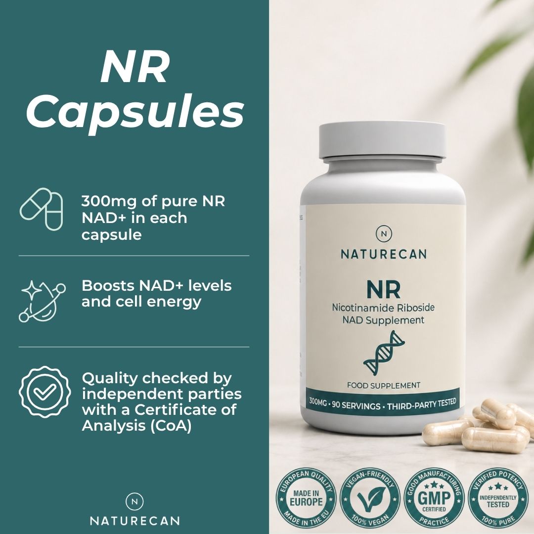 Naturecan NR Nicotinamide Riboside dietary supplement capsules shown in a white bottle with a teal label, alongside loose capsules on a light marble surface. The left side features a dark teal informational panel with white text detailing the 300mg pure NR content, cell energy benefits, and third-party quality checks.
