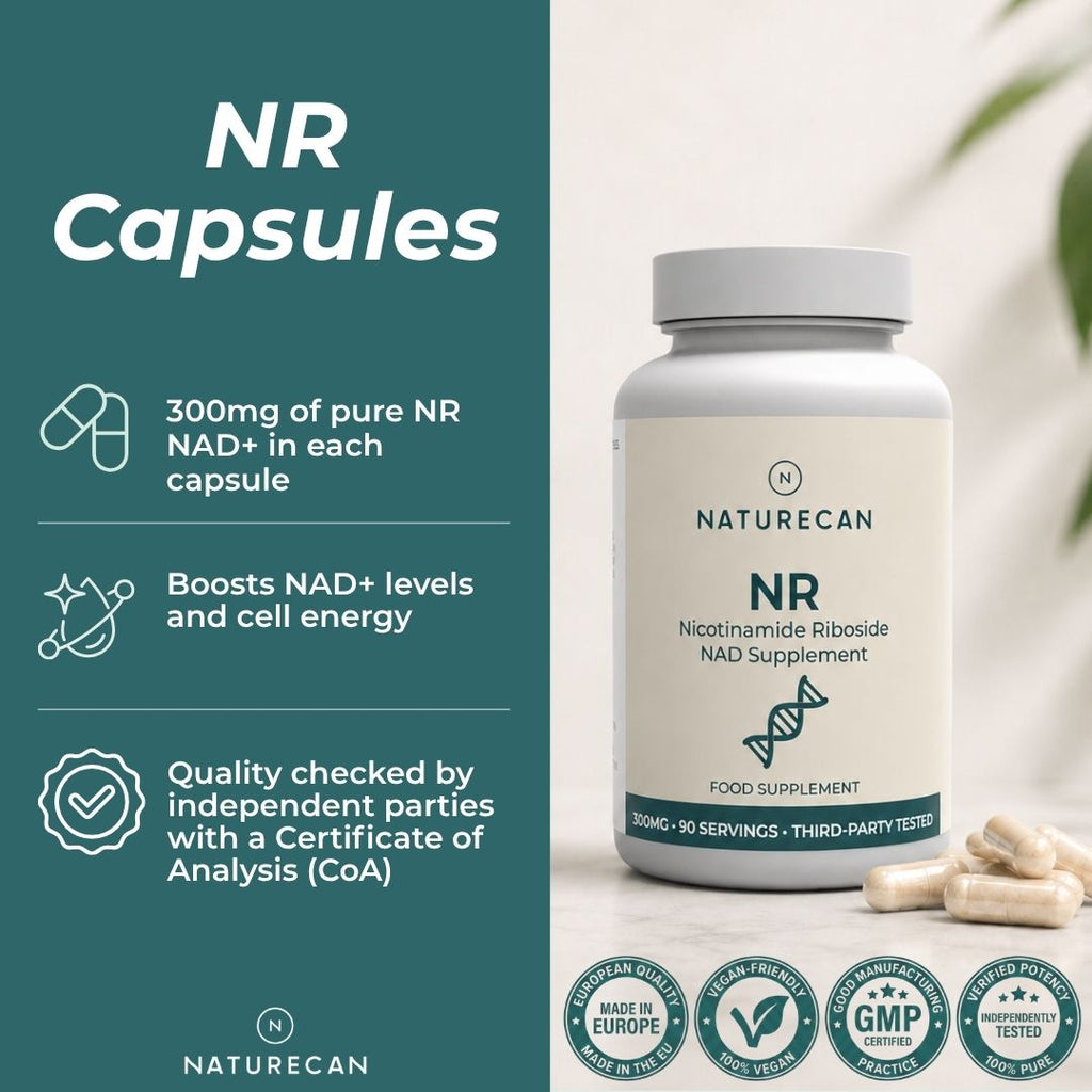 Naturecan NR Nicotinamide Riboside dietary supplement capsules shown in a white bottle with a teal label, alongside loose capsules on a light marble surface. The left side features a dark teal informational panel with white text detailing the 300mg pure NR content, cell energy benefits, and third-party quality checks.