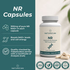 Naturecan NR Nicotinamide Riboside dietary supplement capsules shown in a white bottle with a teal label, alongside loose capsules on a light marble surface. The left side features a dark teal informational panel with white text detailing the 300mg pure NR content, cell energy benefits, and third-party quality checks.