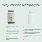 Promotional comparison graphic for Naturecan supplements on a pale green background. The headline reads 'Why choose Naturecan?' above two white supplement bottles: a larger Naturecan bottle labeled 'NR' and a smaller white Competitor bottle.