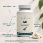 A bottle of Naturecan NR Nicotinamide Riboside NAD Supplement shown on a light neutral background with callout text highlighting benefits such as boosting NAD+ levels, cellular energy, and longevity. Several beige capsules are placed at the base of the bottle.