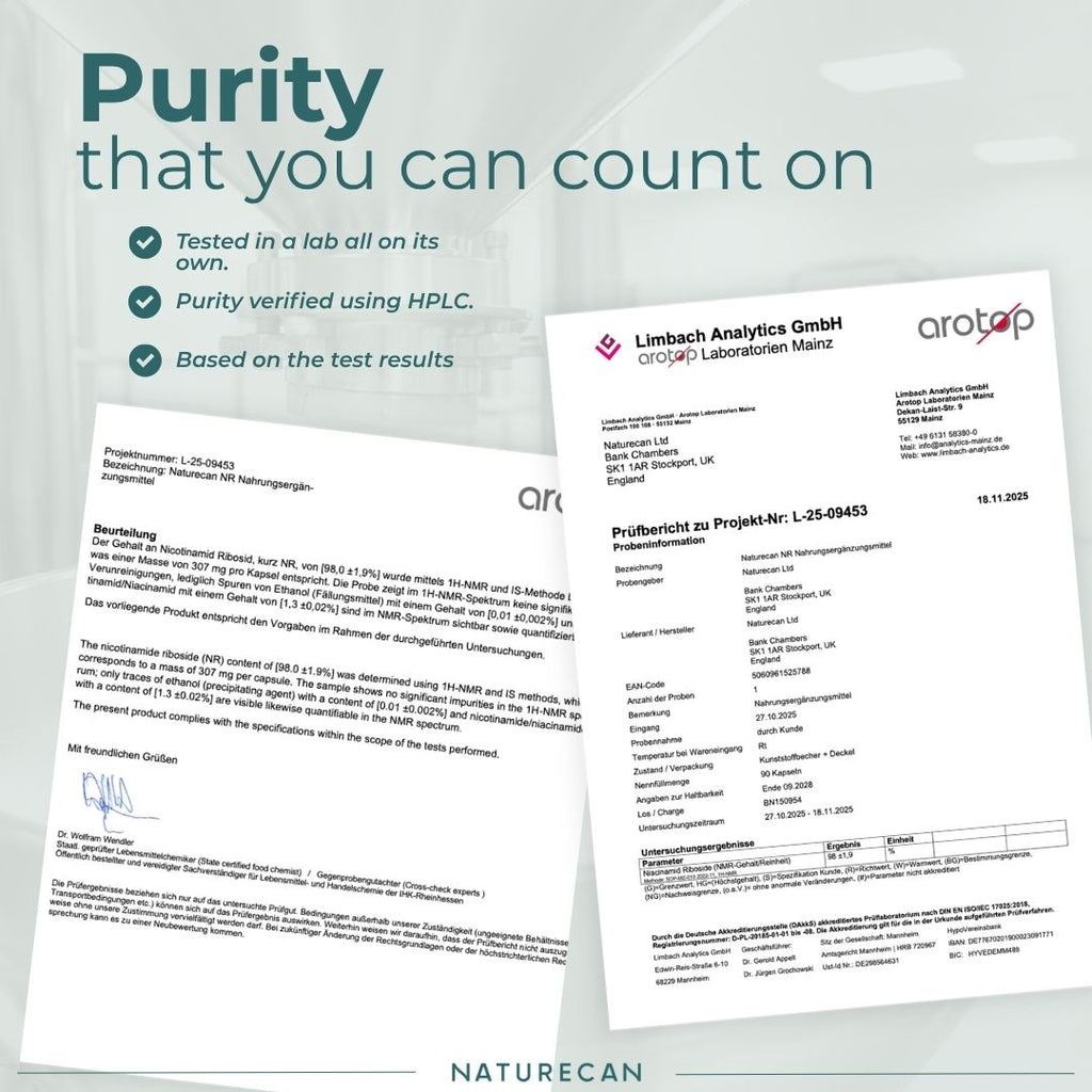 Two white document pages with printed text and logos, shown on a pale gray background with marketing text reading 'Purity that you can count on' and the Naturecan brand name at the bottom.