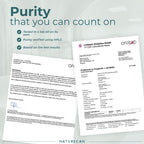 Two white document pages with printed text and logos, shown on a pale gray background with marketing text reading 'Purity that you can count on' and the Naturecan brand name at the bottom.