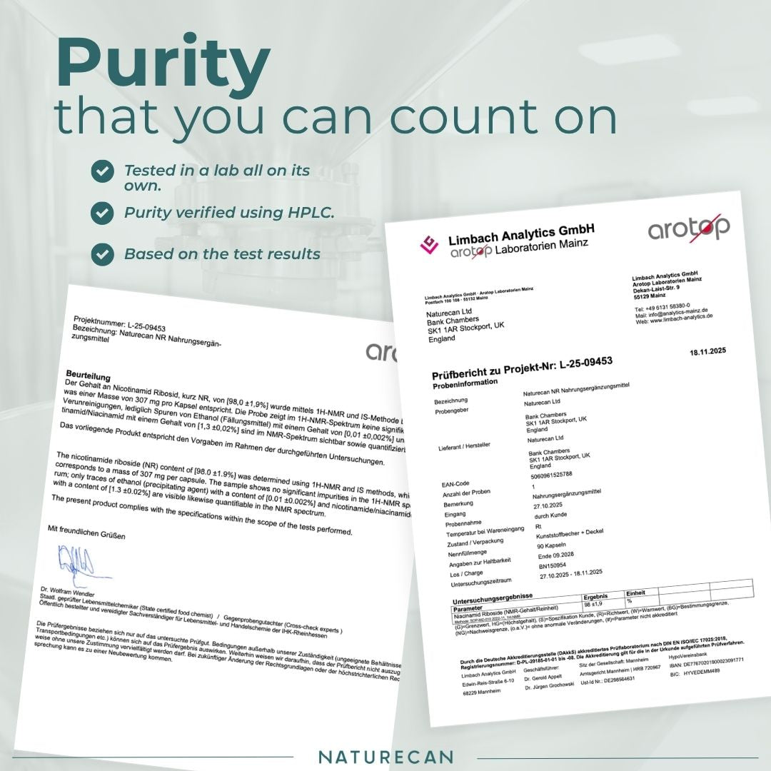 Two white document pages with printed text and logos, shown on a pale gray background with marketing text reading 'Purity that you can count on' and the Naturecan brand name at the bottom.
