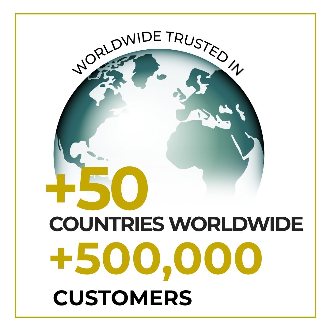 A square white badge with a thin gold border, featuring a globe graphic and text that reads 'GLOBALLY TRUSTED IN', '+50 COUNTRIES WORLDWIDE', and '+500,000 CUSTOMERS' in black and gold.
