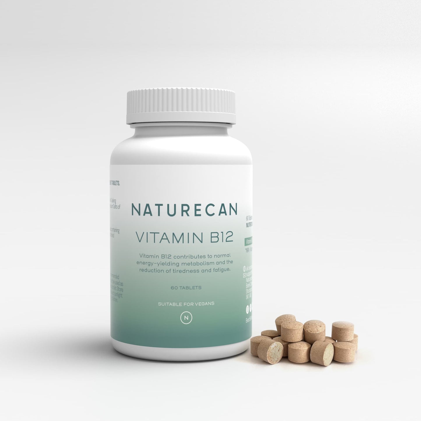 Naturecan Vitamin B12 tablets bottle with scattered tablets on a white background. Suitable for vegans.