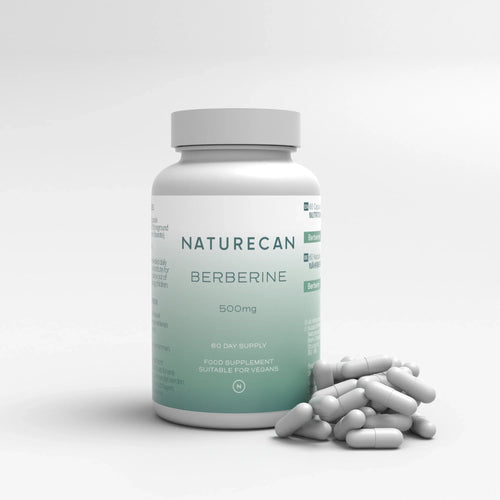 Naturecan Berberine supplement bottle with capsules, labeled 500mg, suitable for vegans, 60-day supply.