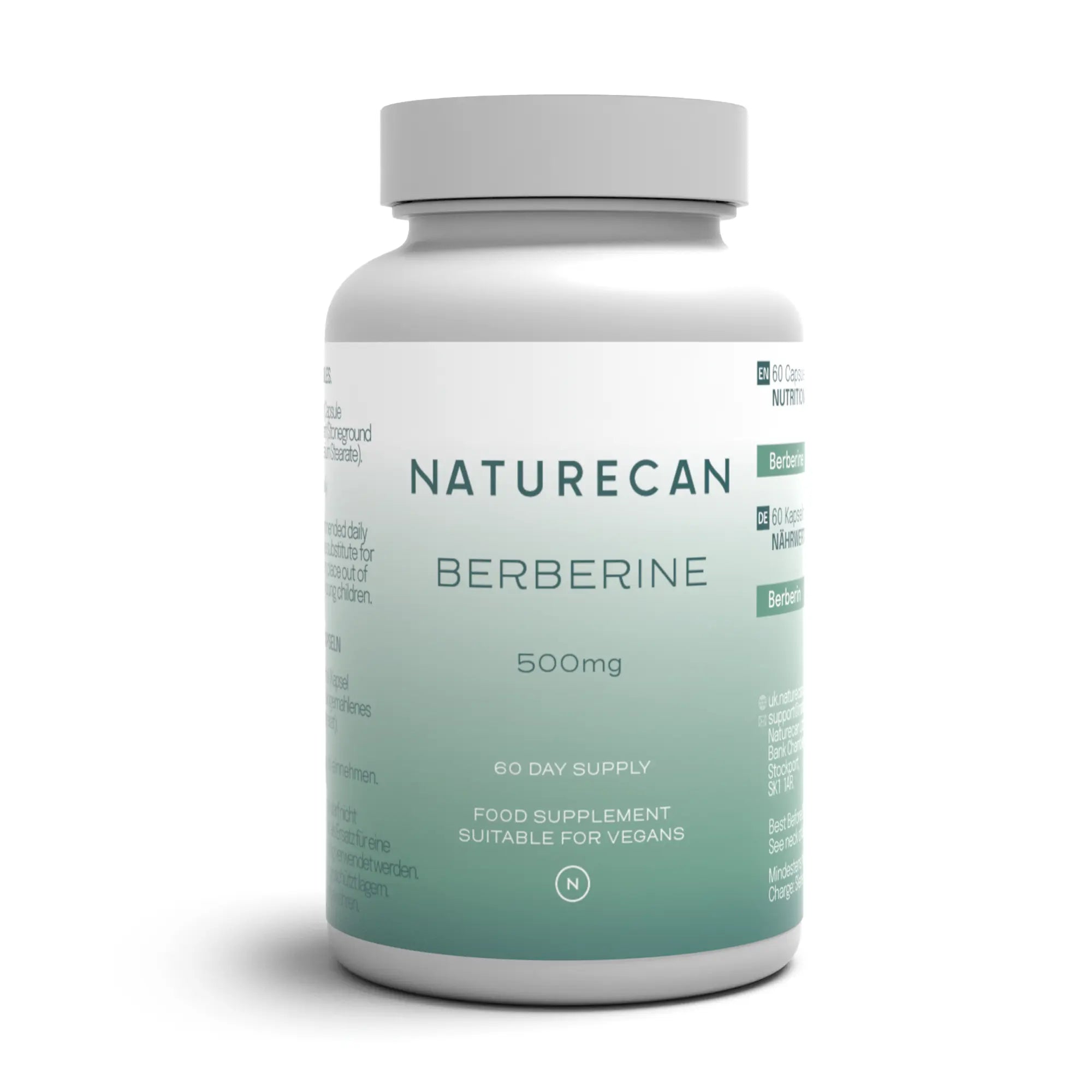 Naturecan Berberine supplement bottle with capsules, labeled 500mg, suitable for vegans, 60-day supply.