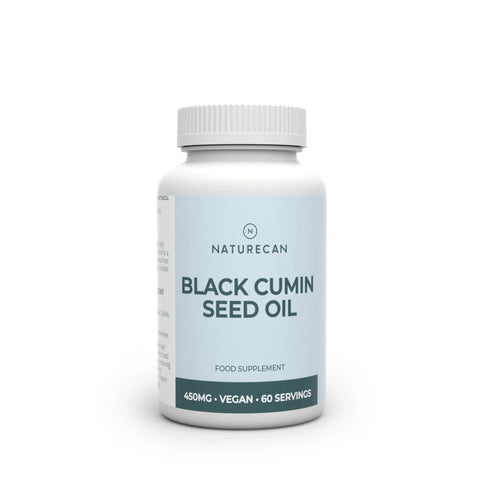 Bottle of Naturecan Black Cumin Seed Oil on a white background