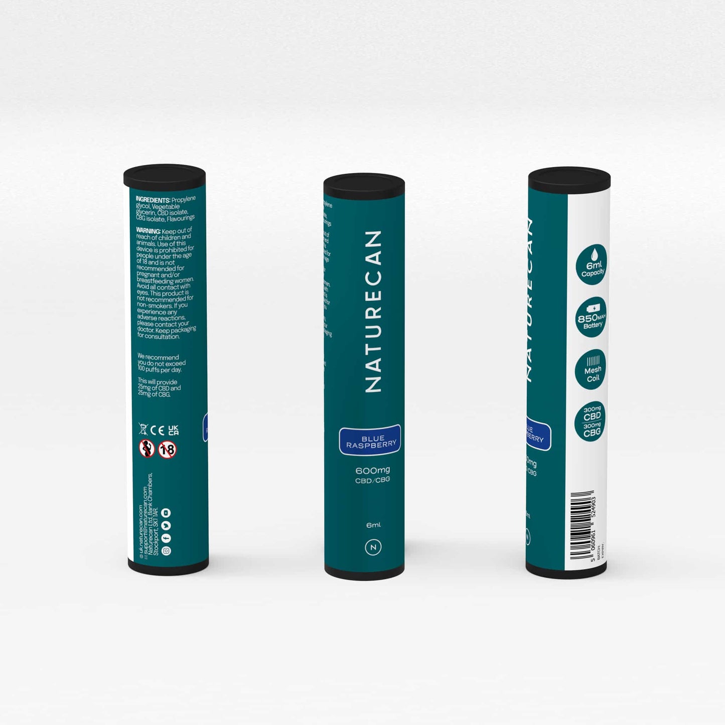 Naturecan Blue Raspberry vape device packaging with detailed product specifications.