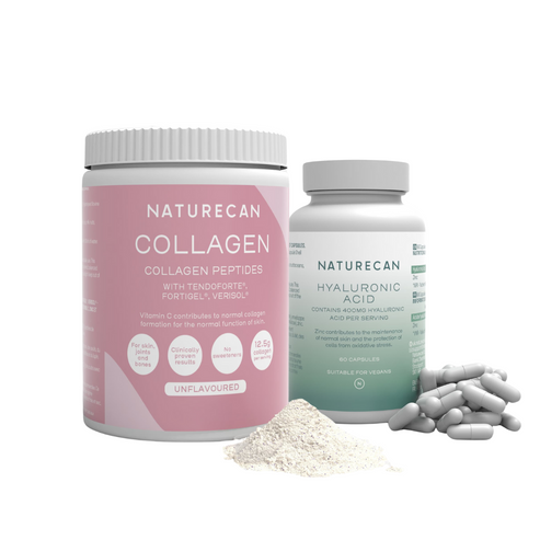 Naturecan Collagen and Hyaluronic Acid bottles with capsules and powder in foreground.
