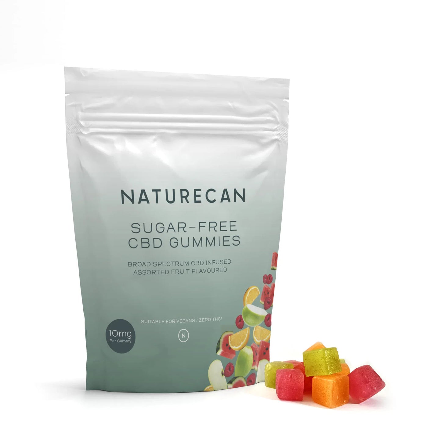 Naturecan sugar-free CBD gummies packaging with colorful fruit cubes on the side.