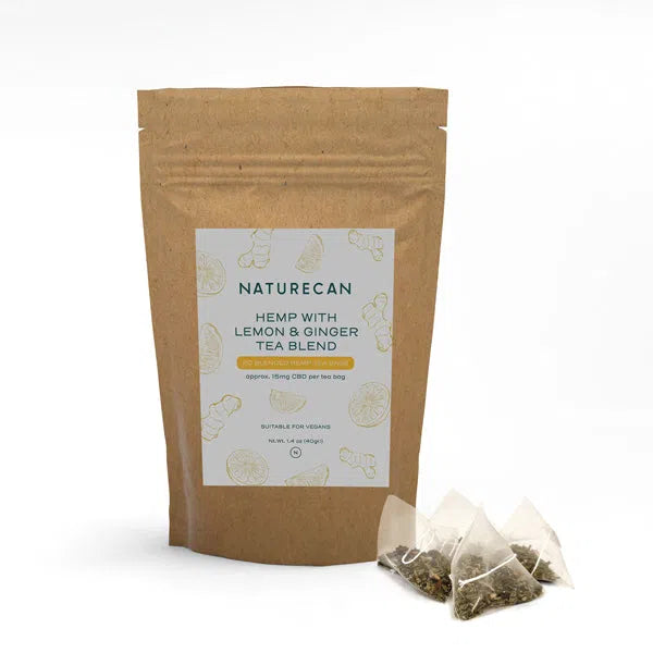 Naturecan hemp tea packaging with lemon and ginger, featuring CBD content and vegan-friendly label.