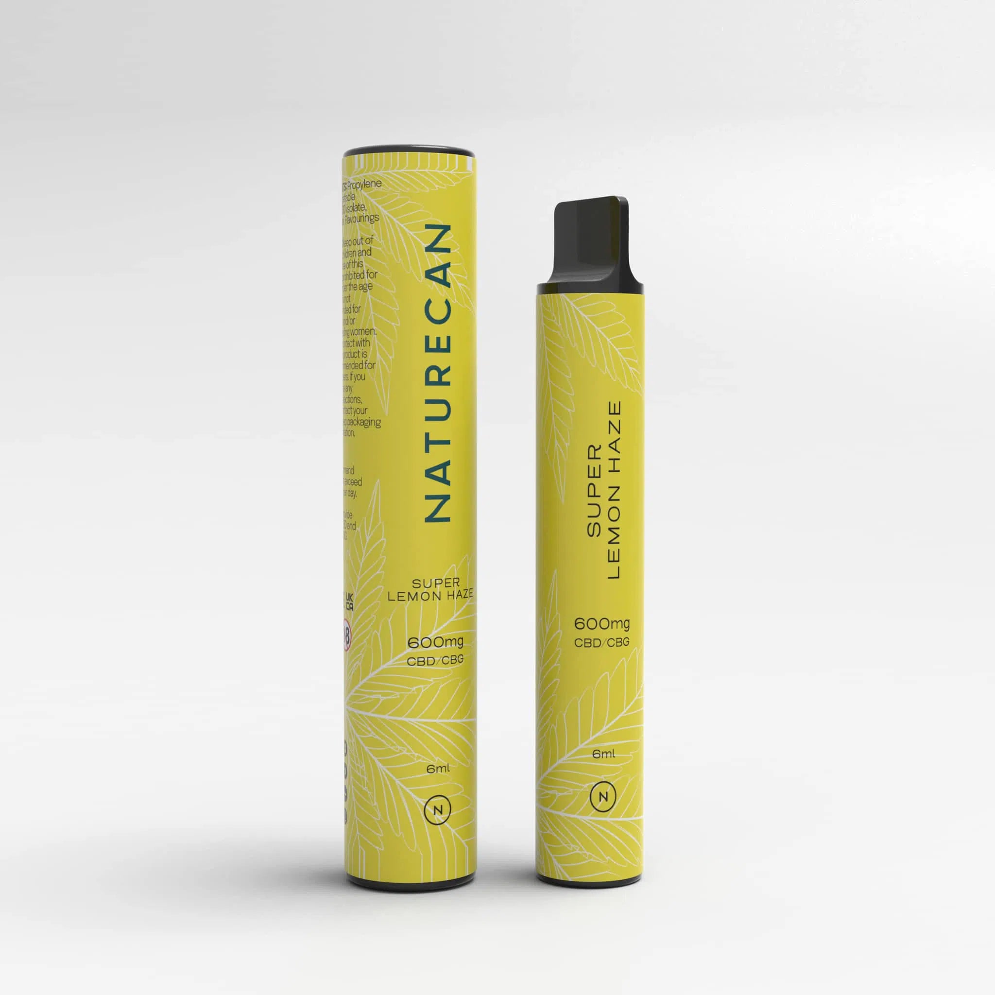Naturecan Super Lemon Haze CBD CBG packaging, 600mg, yellow with leaf design.