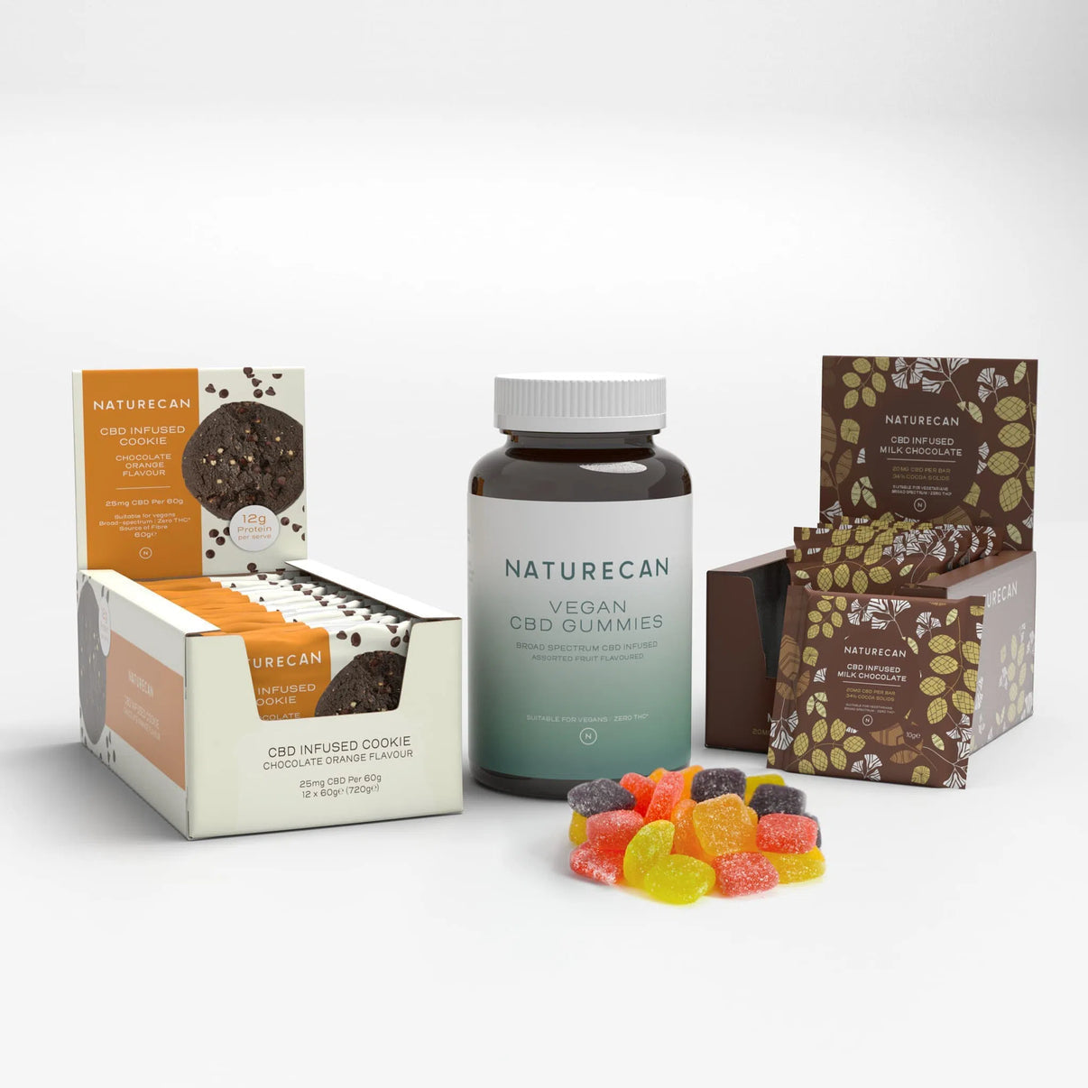 Naturecan CBD snack bundle with cookies, vegan gummies, and chocolate packaging.