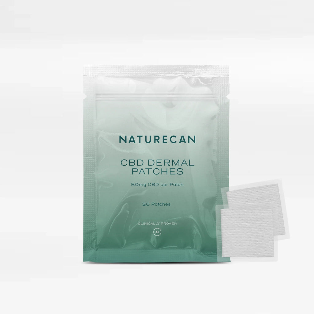 Naturecan CBD Dermal Patches packaging with dosage details and two patch illustrations.