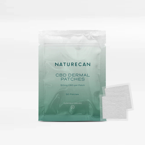Naturecan CBD Dermal Patches packaging with dosage details and two patch illustrations.