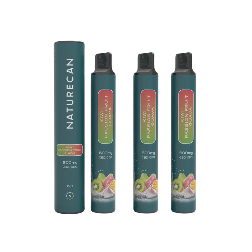 Naturecan Kiwi Passionfruit Guava CBD vape pack with three 600mg vapes and one cylindrical box.