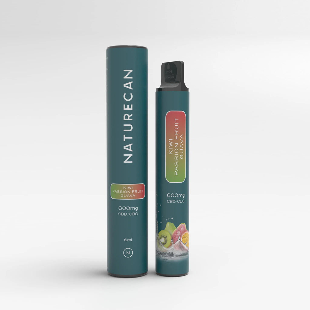 Naturecan vape pen packaging, kiwi passion fruit guava flavor, 600mg CBD CBG, teal design with fruit imagery.