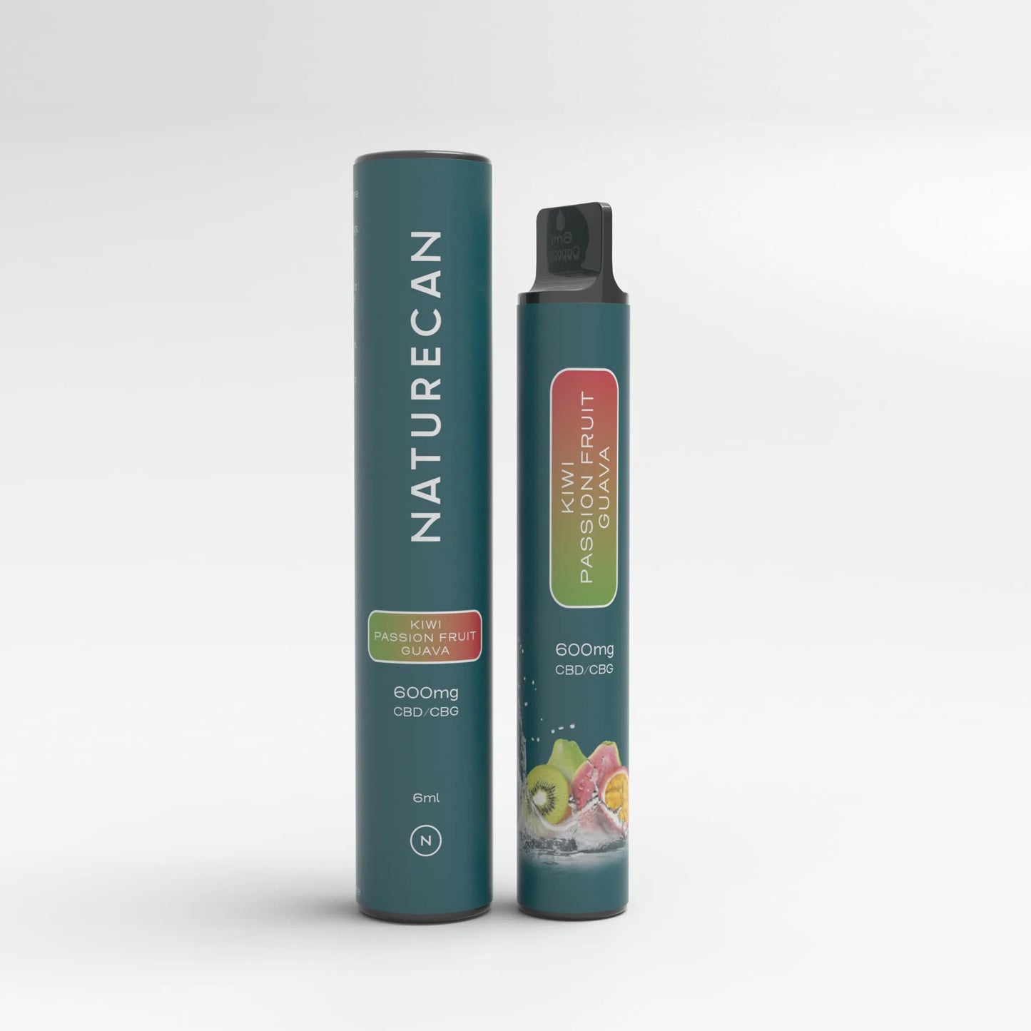Naturecan vape pen packaging, kiwi passion fruit guava flavor, 600mg CBD CBG, teal design with fruit imagery.