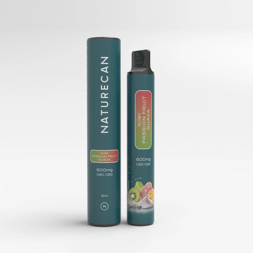 Naturecan vape pen packaging, kiwi passion fruit guava flavor, 600mg CBD CBG, teal design with fruit imagery.