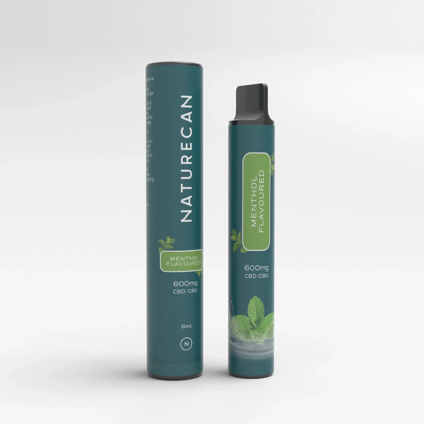 Menthol CBD CBG disposable vape pen by Naturecan, 600mg, with mint leaf design on teal packaging.