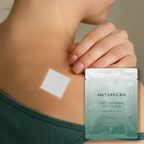 CBD patch on shoulder with Naturecan packaging in foreground.