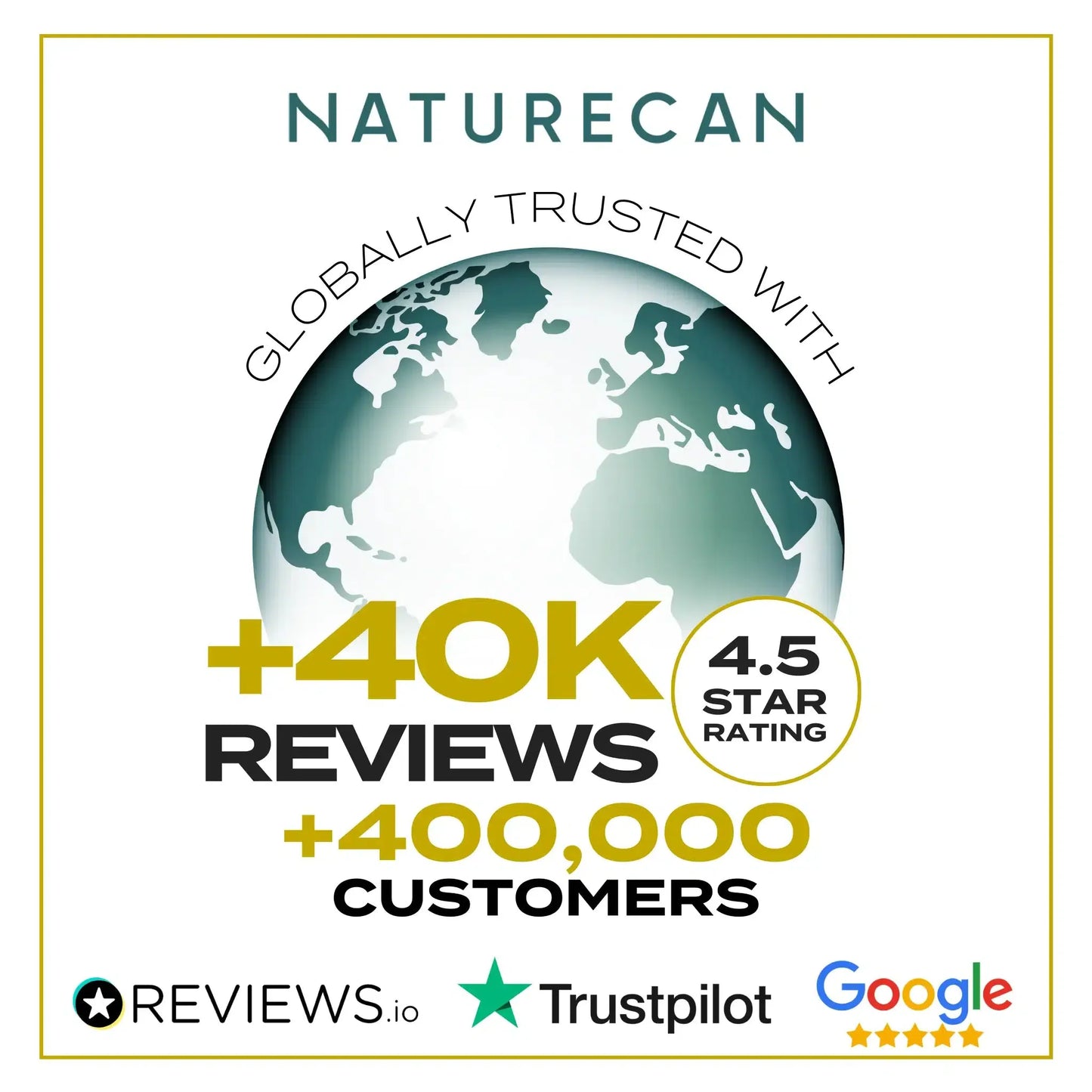Naturecan banner with globe, highlighting 40K reviews and 400,000 customers. Features ratings from Reviews.io, Trustpilot, and Google.