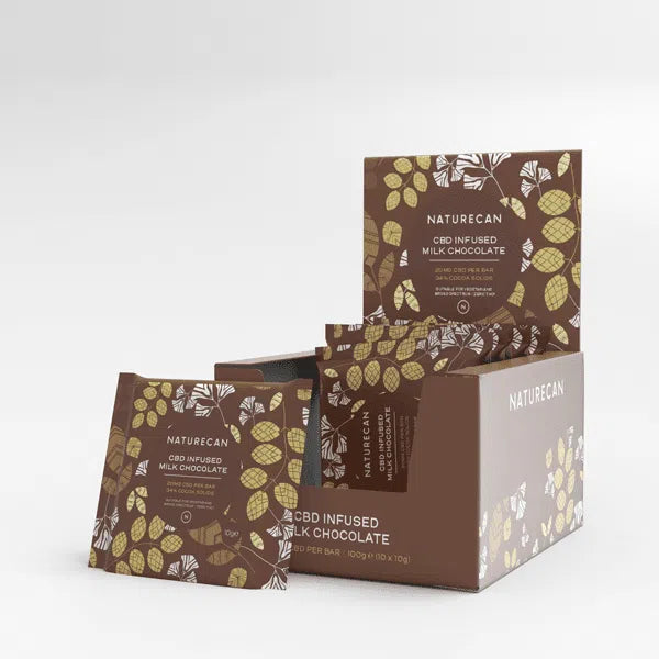 Naturecan packaging for CBD infused milk chocolate, featuring leaf designs in brown and gold.