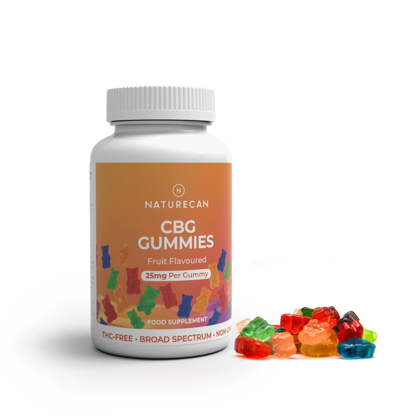Naturecan CBG Gummies packaging with colorful fruit-flavored gummies, labeled 25mg per gummy.