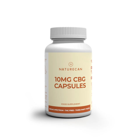A white plastic bottle of Naturecan 10mg CBG capsules with a cream-colored label and a white ribbed cap, set against a plain white background with a soft shadow.