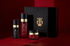 Cosmetic set with bottles and a jar on a red background, featuring a prominent logo.