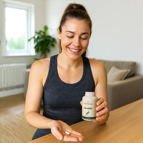 Woman holding a supplement bottle in a home setting