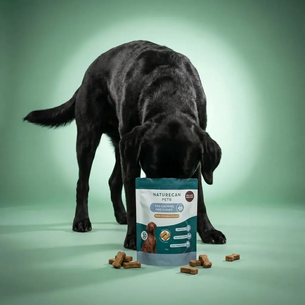 Black dog sniffing a Naturecan Pets product on a green background