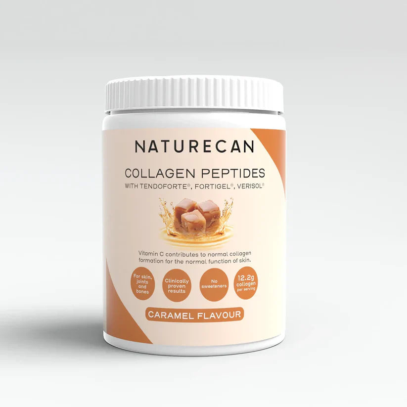 Naturecan caramel collagen peptides packaging with caramel pieces and product benefits highlighted.