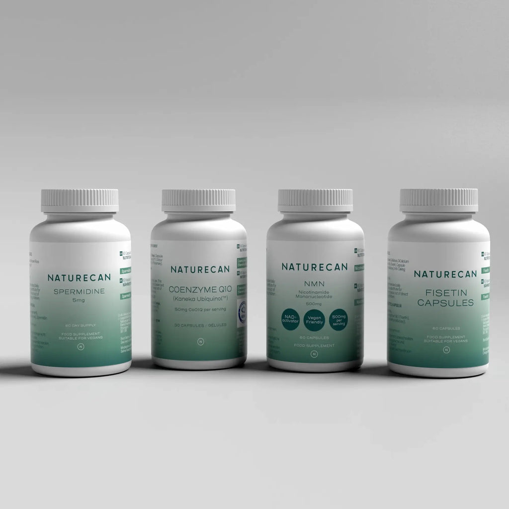 Naturecan health supplements bundle featuring Spermidine, Coenzyme Q10, NMN, and Fisetin Capsules.