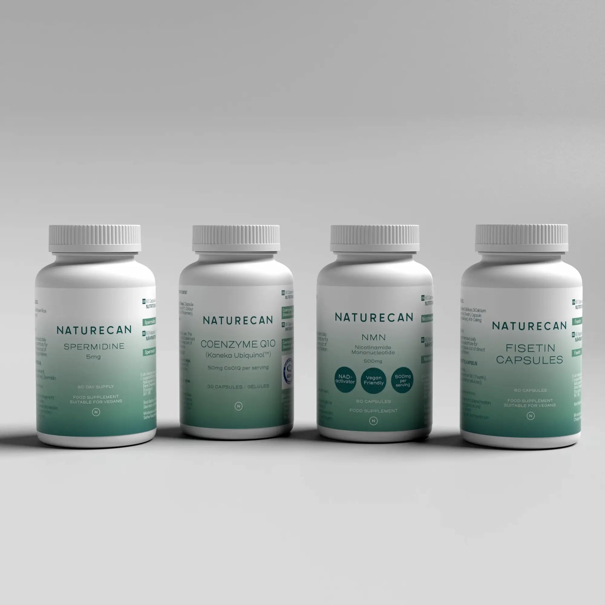Naturecan health supplements bundle featuring Spermidine, Coenzyme Q10, NMN, and Fisetin Capsules.
