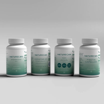 Naturecan health supplements bundle featuring Spermidine, Coenzyme Q10, NMN, and Fisetin Capsules.