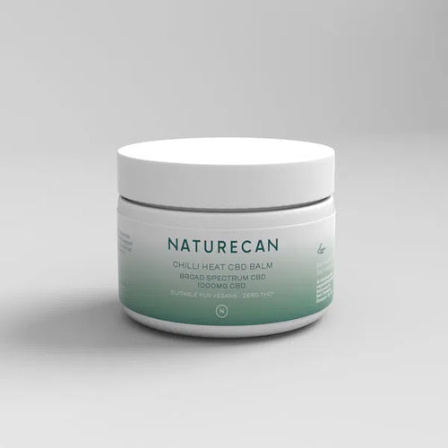 Naturecan Chilli Heat CBD Balm jar with 1000mg broad spectrum CBD, vegan-friendly, zero THC.