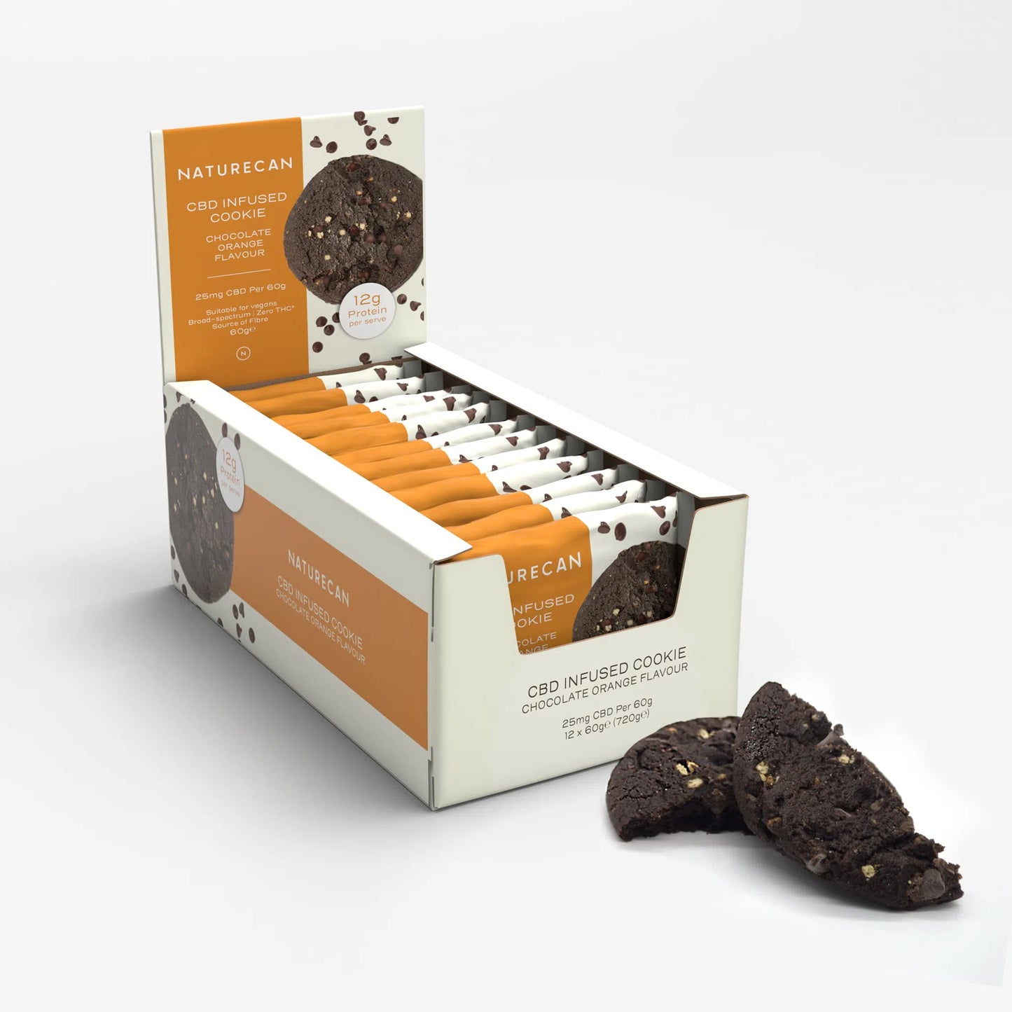 Naturecan CBD infused chocolate orange cookies in display box with a cookie in front.