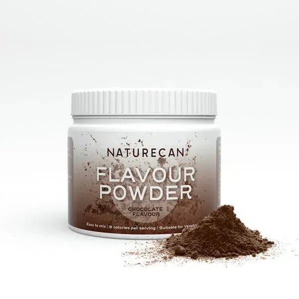 Naturecan chocolate flavor powder packaging with powder pile in front.