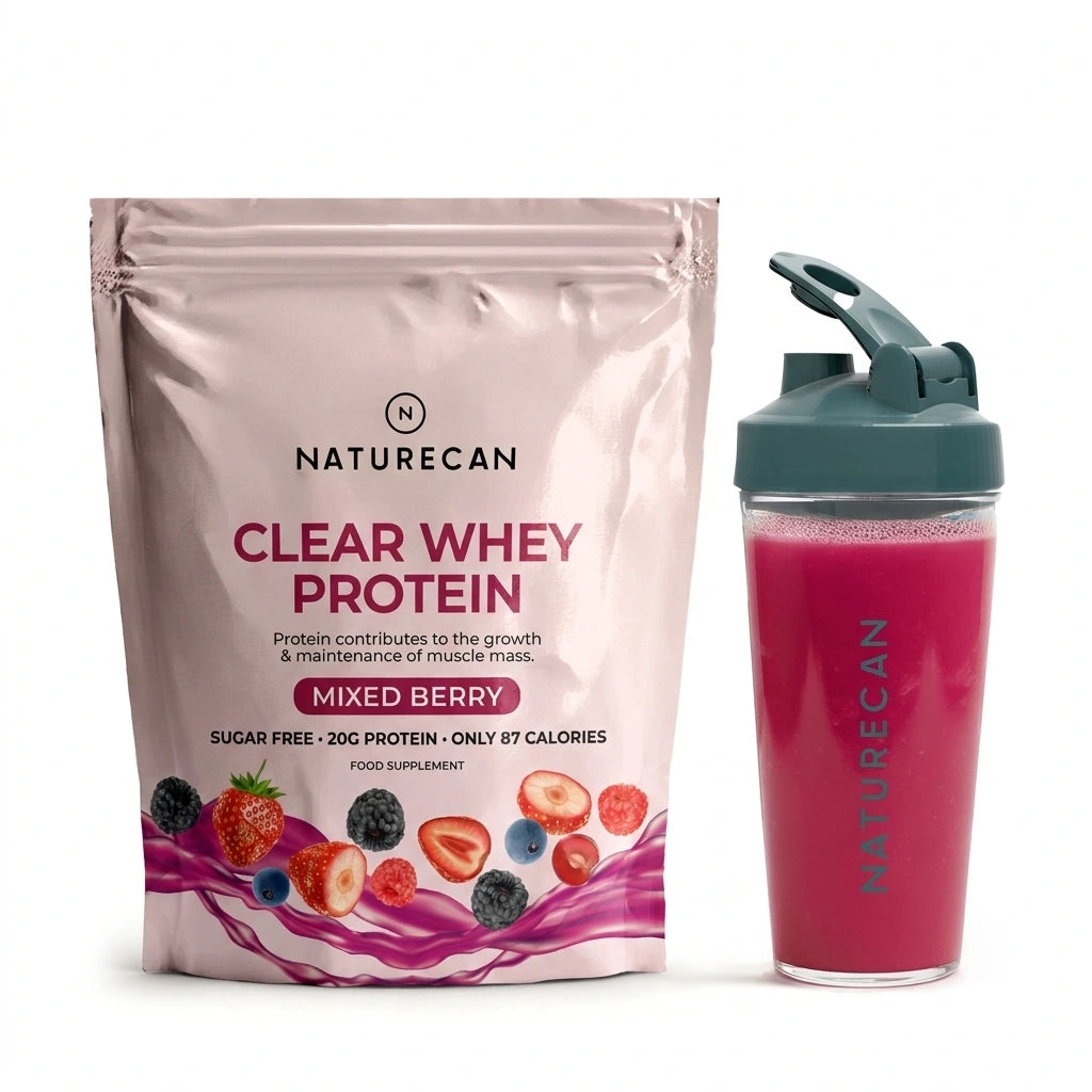 Naturecan Clear Whey Protein package and a shaker with pink liquid on a white background
