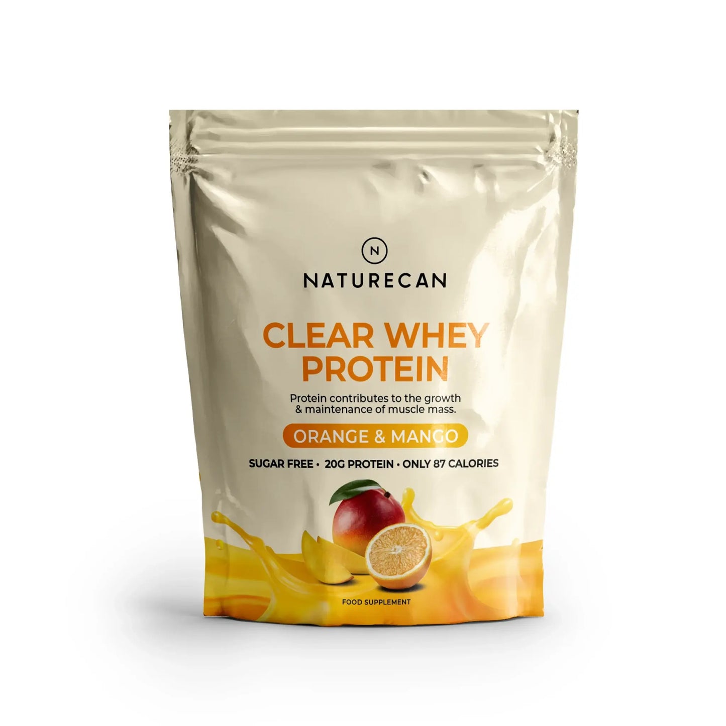 Naturecan Clear Whey Protein package for Orange & Mango flavor on a white background