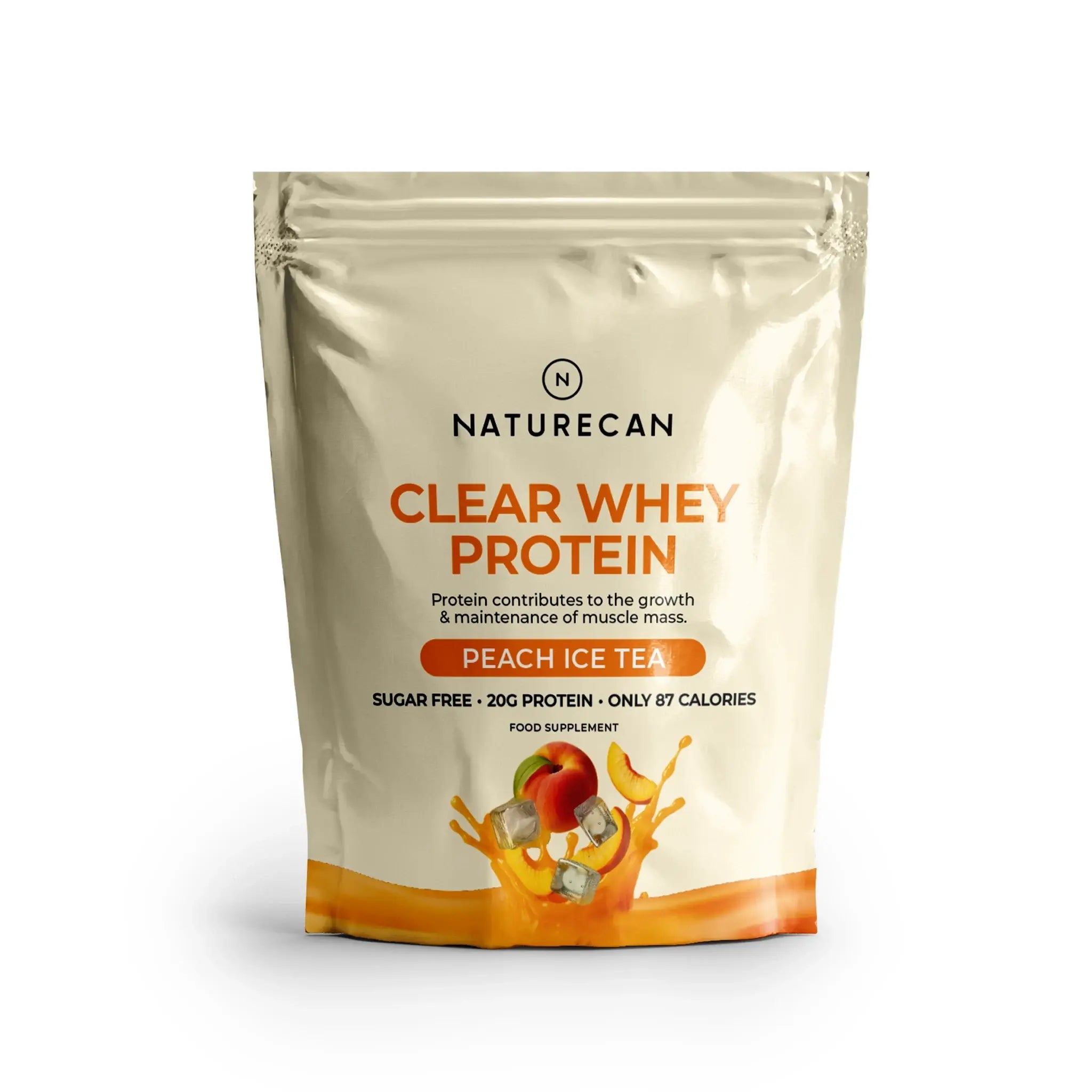Naturecan Clear Whey Protein package for Peach Ice Tea flavor on a white background