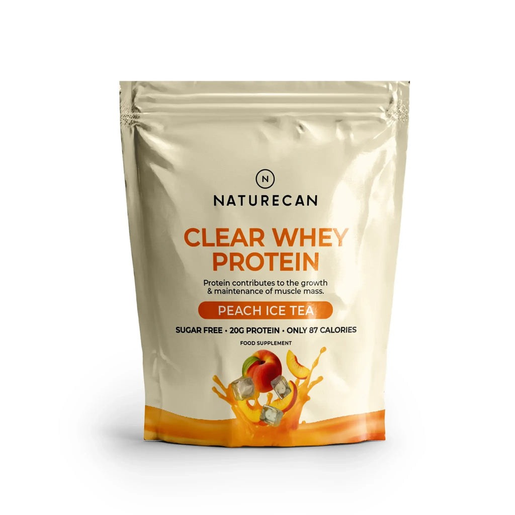 Naturecan Clear Whey Protein package for Peach Ice Tea flavor on a white background