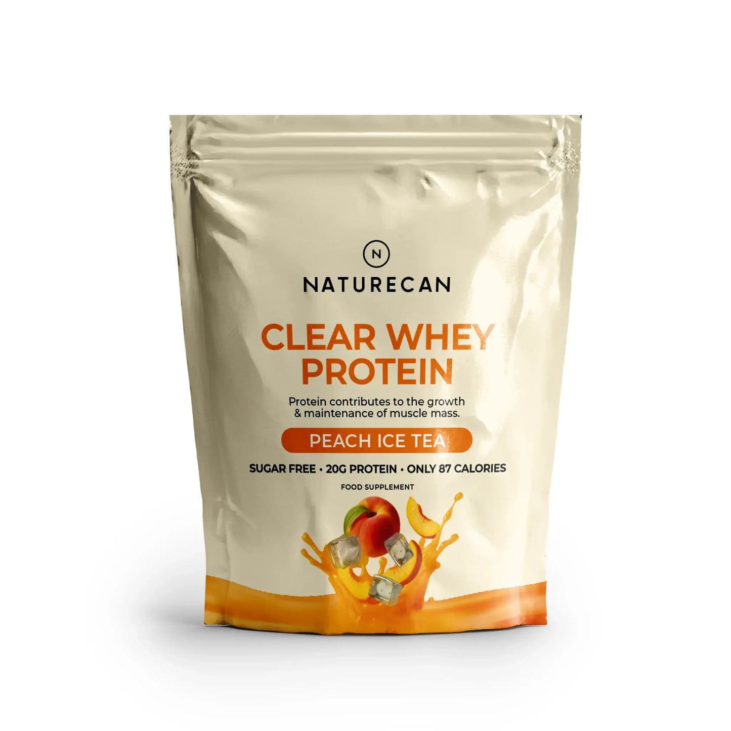 Naturecan Clear Whey Protein package for Peach Ice Tea flavor on a white background